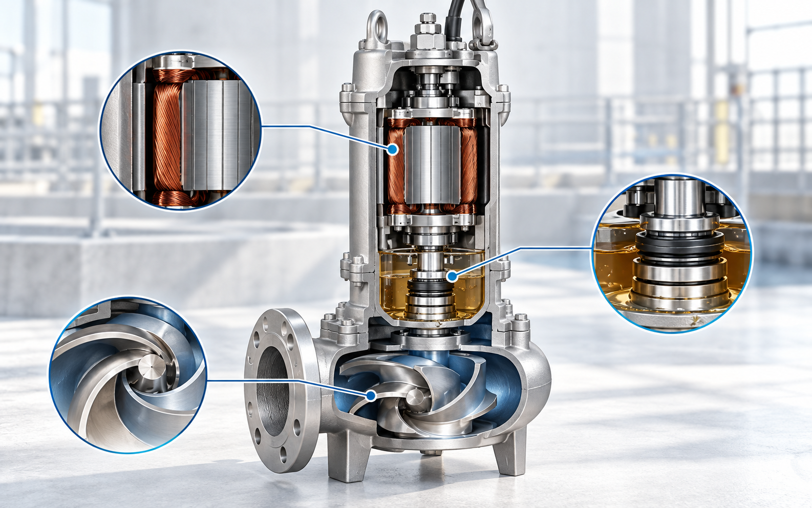 Cấu tạo bên trong bơm chìm nước thải inox WQ gồm động cơ phớt và cánh bơm